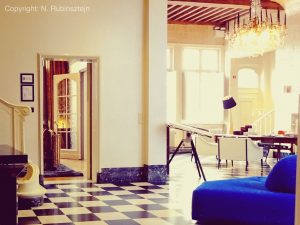 Picture of Hotel De Witte Lelie in Antwerp featuring a lobby composed of a big blue sofa, a staircase leading to the bedrooms, black and white tiles on the ground, and a reception desk. There are big windows and there is a door leading to a living room composed of leopard sofas.
