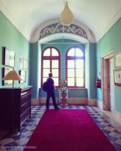 Picture of the Austrian Hospice in Jerusalem. A long corridor leads to a window with a view on the old city of Jerusalem where a young man is observing the beautiful scene. The corridor is composed of a red carpet, chandeliers in the form of drops, an old cupboard, and information on the VIP guests who stayed in this hotel. is pinned on the walls